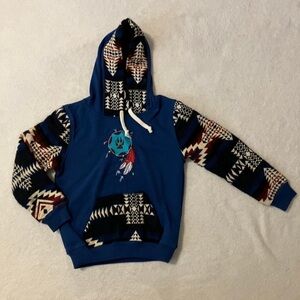 Native Art Blue Hoodie with Patterned Sleeves